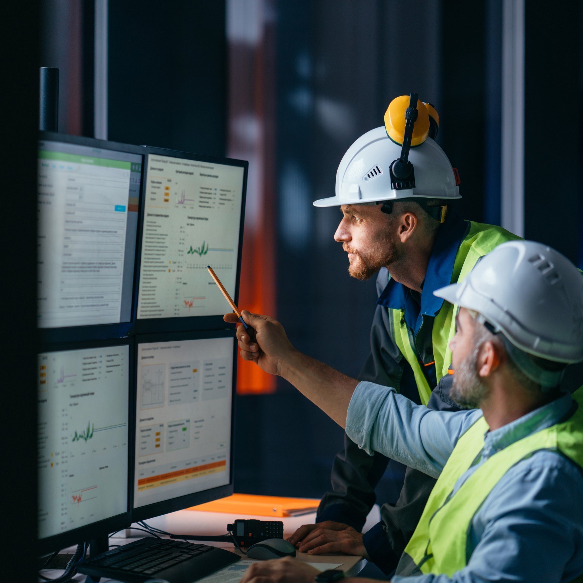 Industrial workers with safety equipment reviewing technical documentation